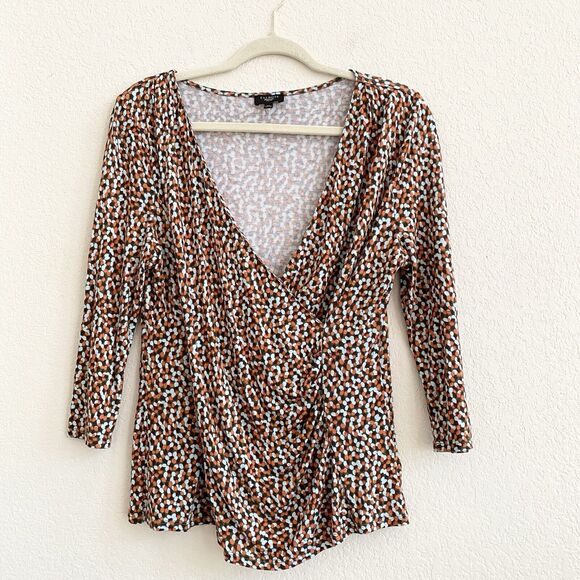 Talbots Faux Wrap Dotted Blue Brown Orange Blouse Long Sleeve Petite Large Top - Picture 5 of 9
